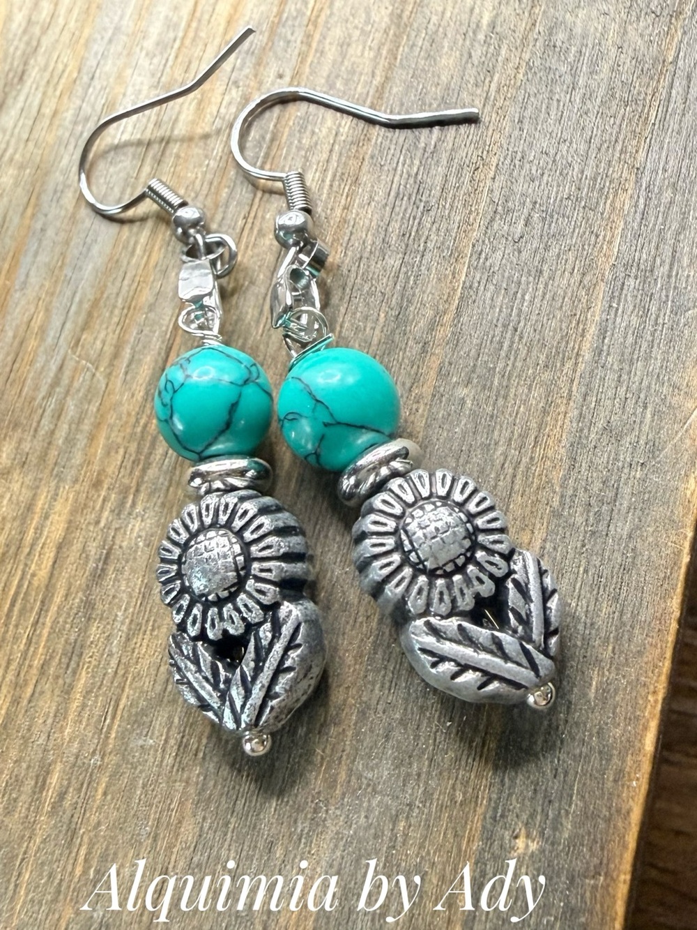 Summer beaded Green  turquoise sunflower silver Earrings